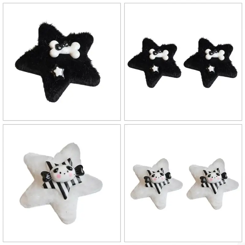 

P88B 1pc/1pair Harajuku Hair Clip for Girls Plush Star Hair Clip with Resin Puppy&Bone Decor Ponytail Hairpin for Teens Girls