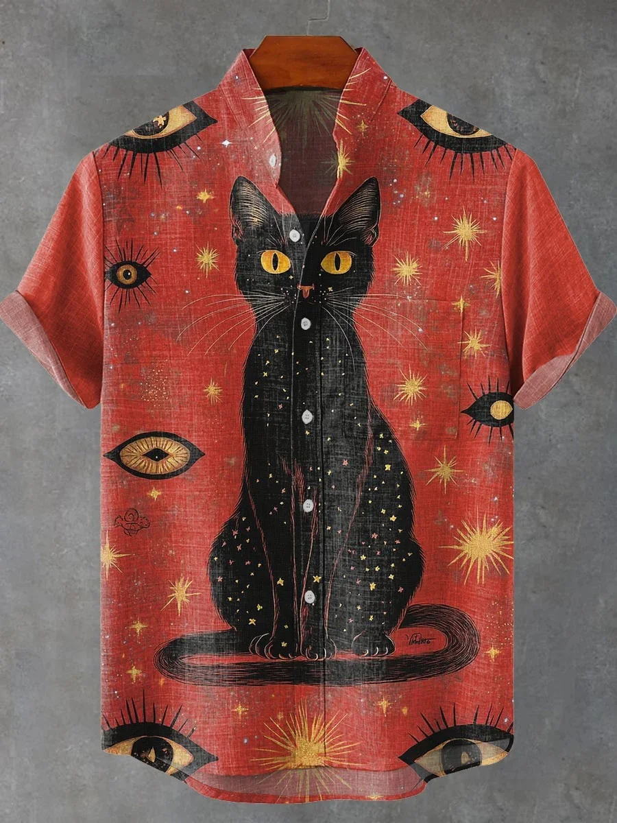 New men's art print cartoon cat pattern high-quality men's clothing, casual linen comfortable short-sleeved shirt