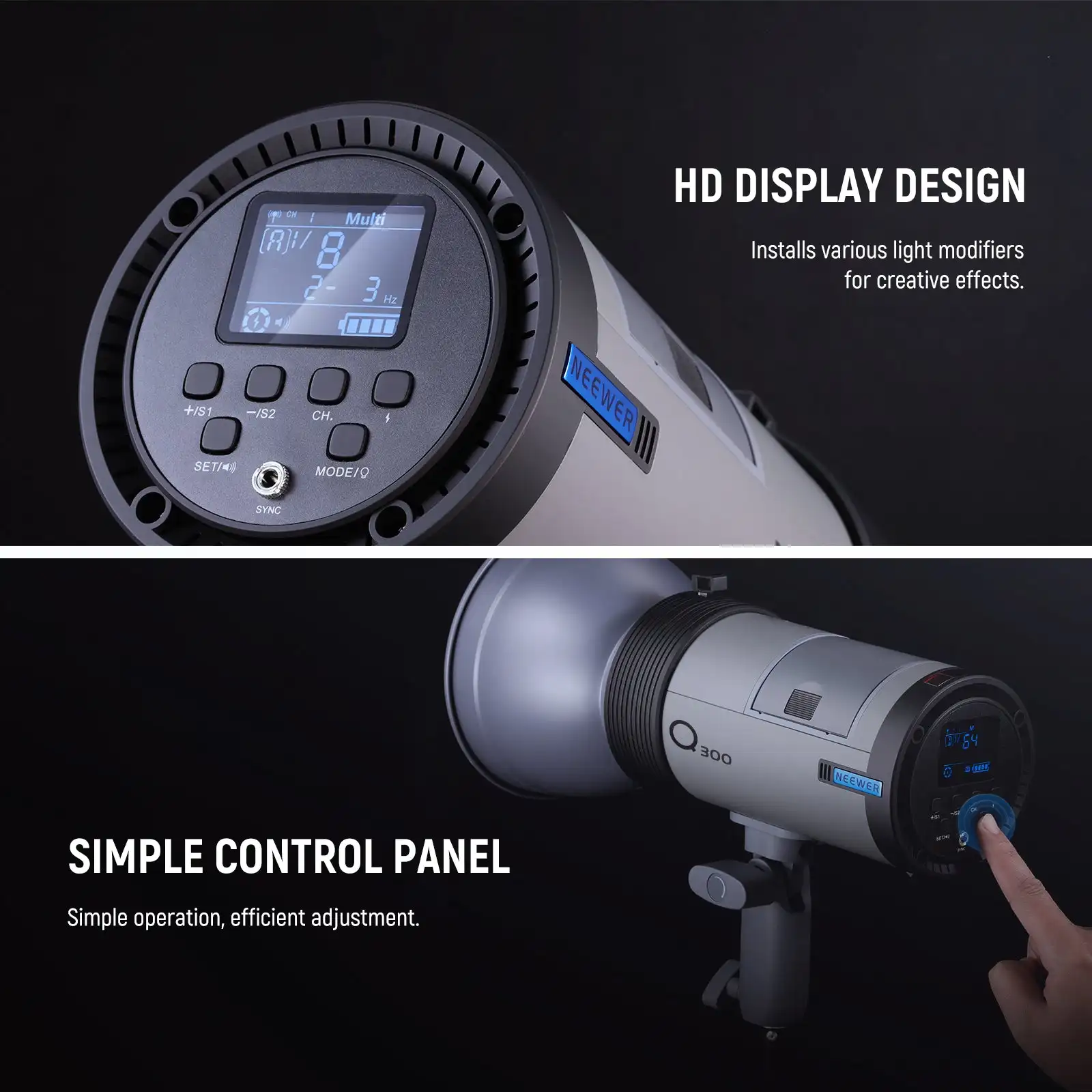NEEWER Luz Estroboscópica Potente de 300 W, Flash Estroboscópico para Exteriores de 2.4 G con Disparador Inalámbrico, 1000 Flashes de Potencia Máxima, Reciclaje de 0.4-2.5 s, Q300