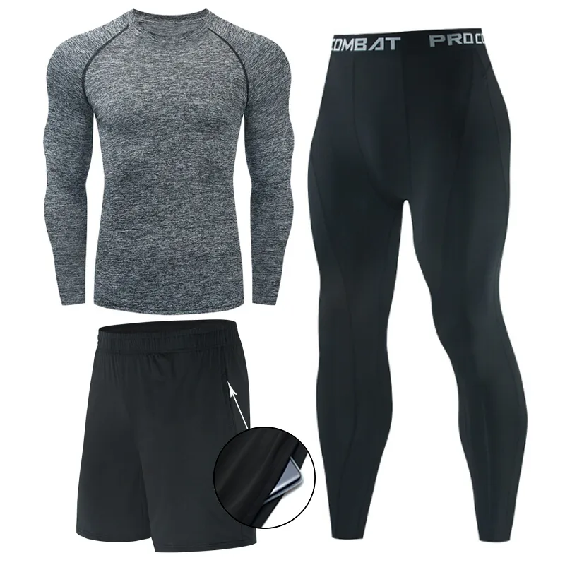 2024 Compression Men 3 Pcs Yoga Set Fitness Sports Suits Gym Long Sleeve Top Clothing Shirts MMA Running Leggings Workout Pants