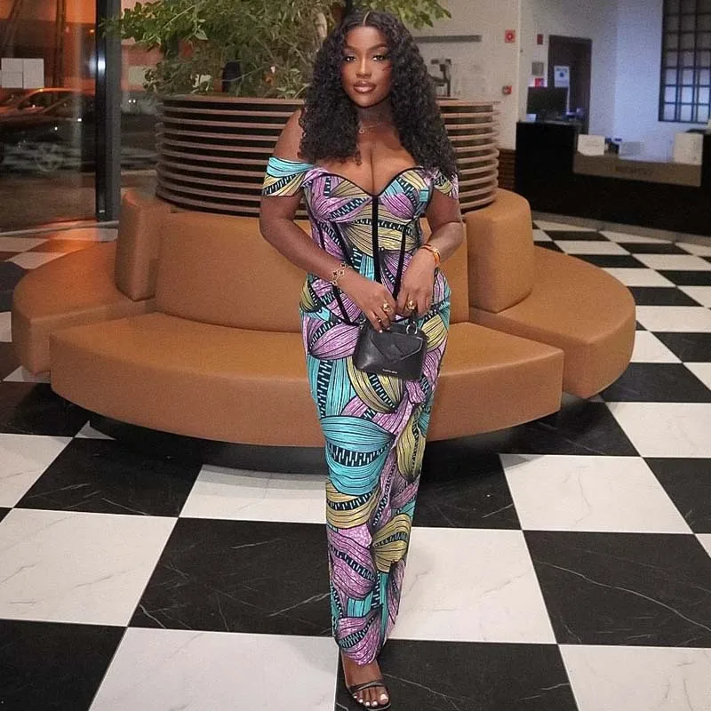 

African Women's Wear off--Shoulder Advanced Western Style Mid-Length Dress High Waist Slimming Printed Skirt