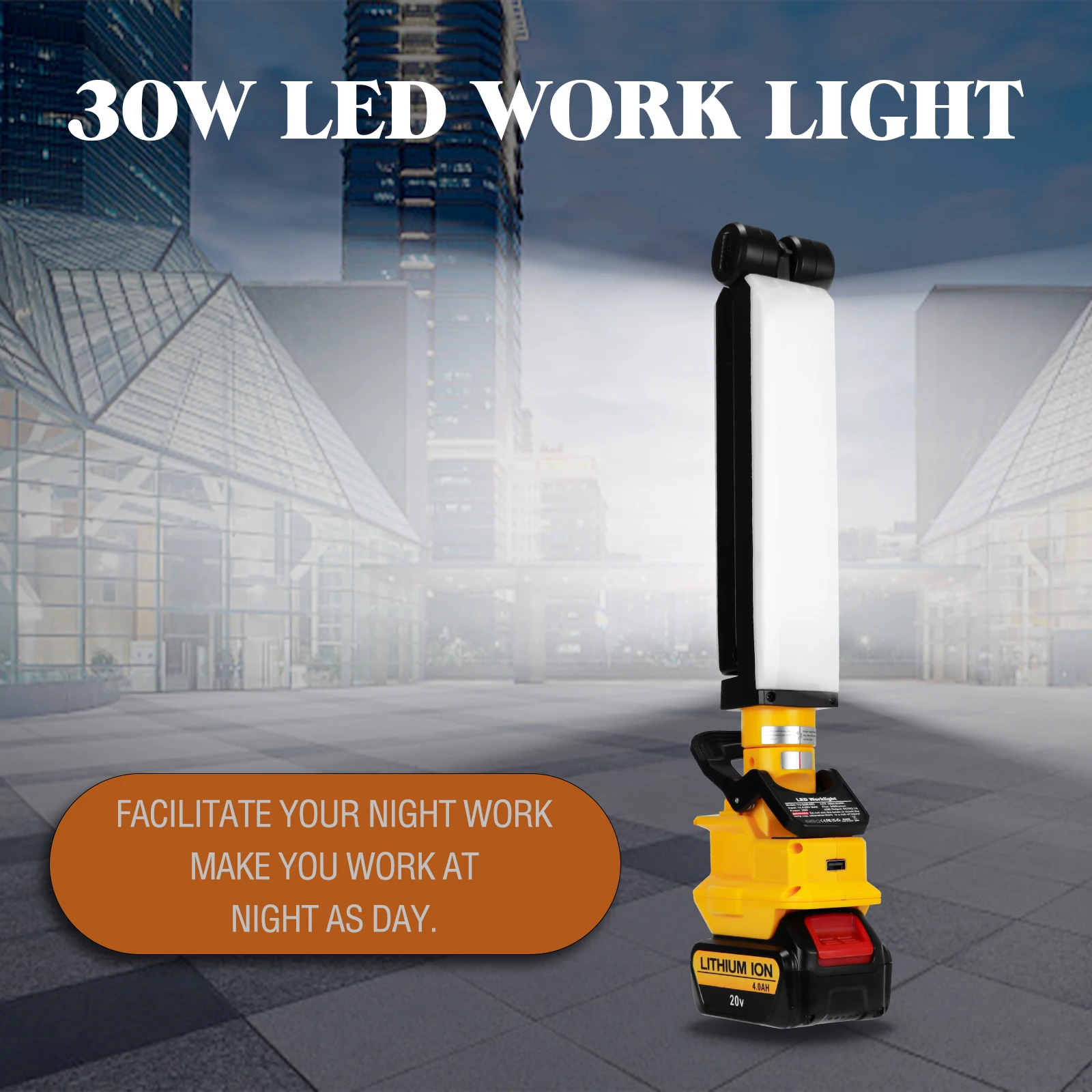 Luz de trabajo LED de 30W 2400LM para Dewalt 20V batería Clip en luz plegable reflector para exteriores con puerto USB (sin batería)