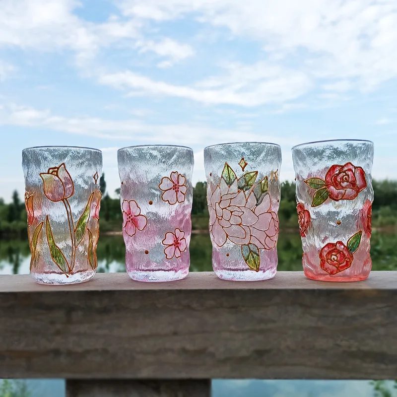 Japanese Gold Tracing Hammered Crystal Glass Cup Hand Painted Floral Design Premium Quality Water Cup