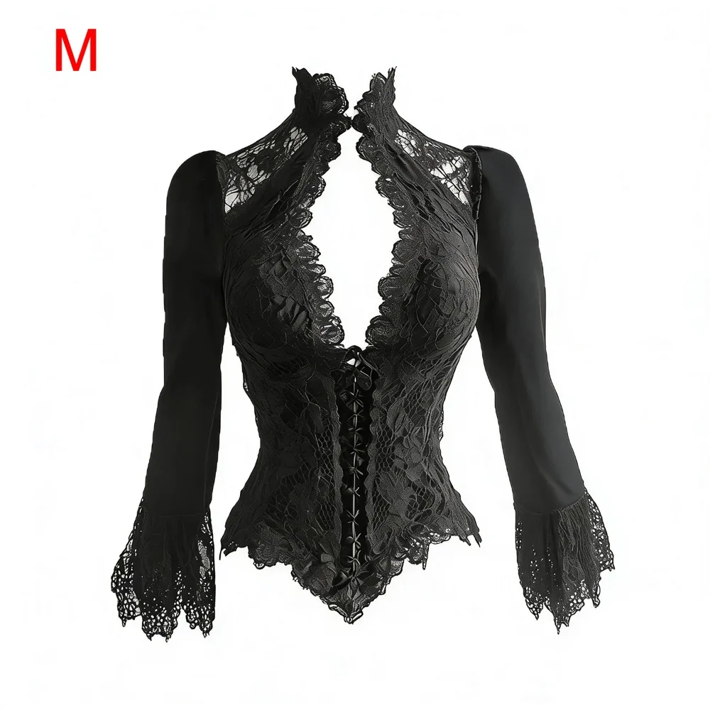 

Hollow Out Black Color Goth Blouse Stand Collar Cut Out Design Lace Blouse Slim Fit Flare Sleeve Y2k Top Women Fashion