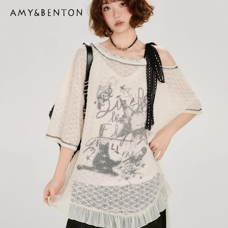 

2026 Spring Summer New Lace Splicing Women's Short-sleeved Top American Retro Design Loose Thin Versatile Long T-shirts Ladies