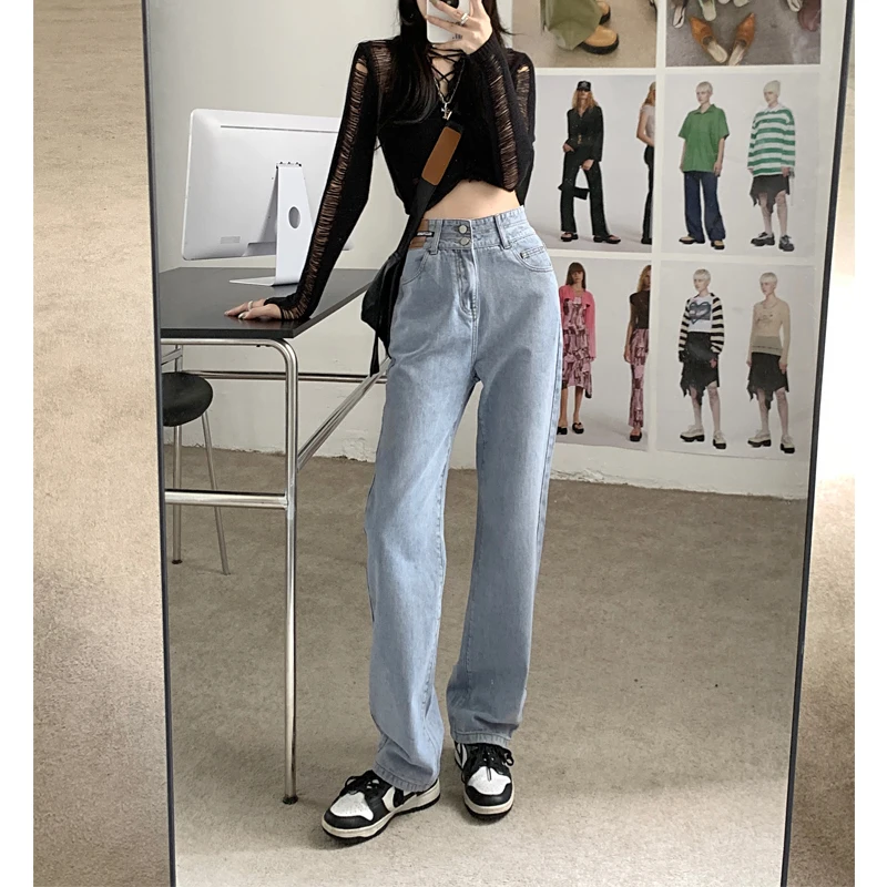 ハイウエストルーズフィットストレートレッグジーンズ、洋梨体型の女性向けプラスサイズ、秋の新作、スリム効果のあるワイドレッグパンツ