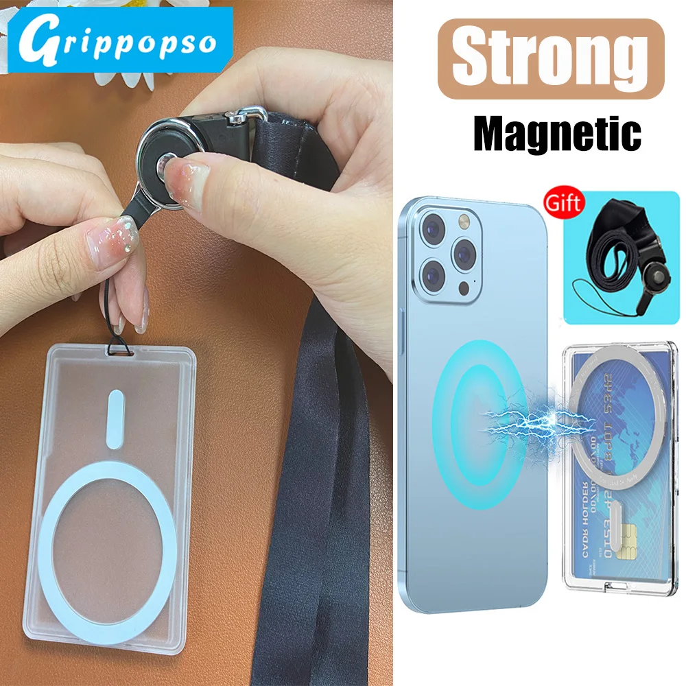 Grippopso For Magsafe Card Holder Wallet With Mobile Phone Lanyard Strap Transparent Magnetic Wallet Case Phone Accessories