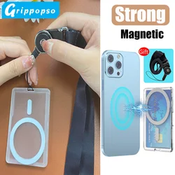 Grippopso For Magsafe Card Holder Wallet With Mobile Phone Lanyard Strap Transparent Magnetic Wallet Case Phone Accessories