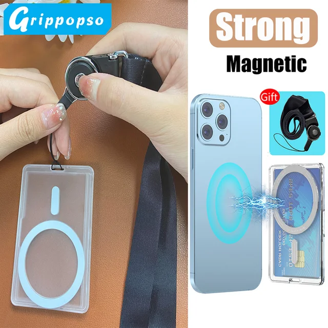 Grippopso dla portfela z uchwytem na kartę Magsafe z paskiem na smycz do telefonu komórkowego przezroczysty portfel magnetyczny akcesoria do telefonu