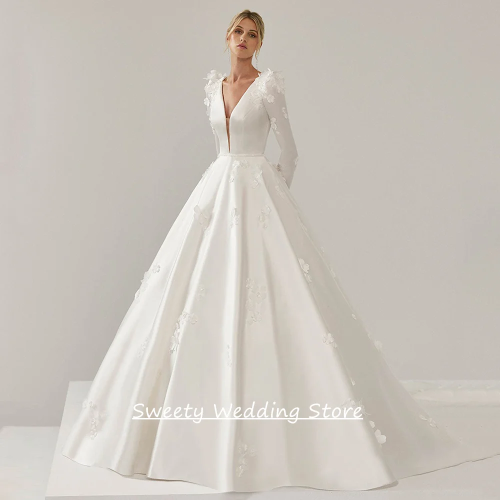 Flowers Wedding Dresses for Woman Customized Deep V Neck Long Sleeve Beading Belt A Line Sweep Train Vestido Bridal Gown