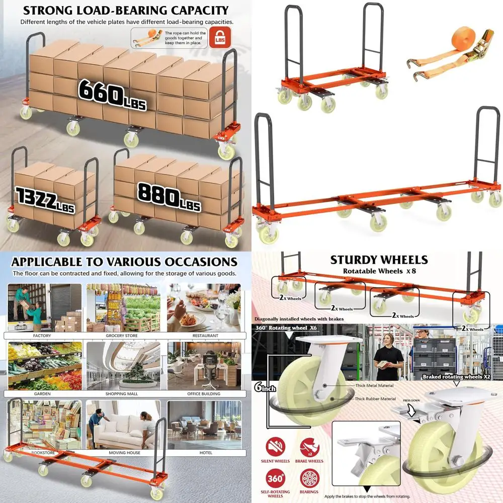 

Heavy-Duty 8-Wheel Cart with Expandable Utility and Adjustable Strap for Moving and Warehouse Use