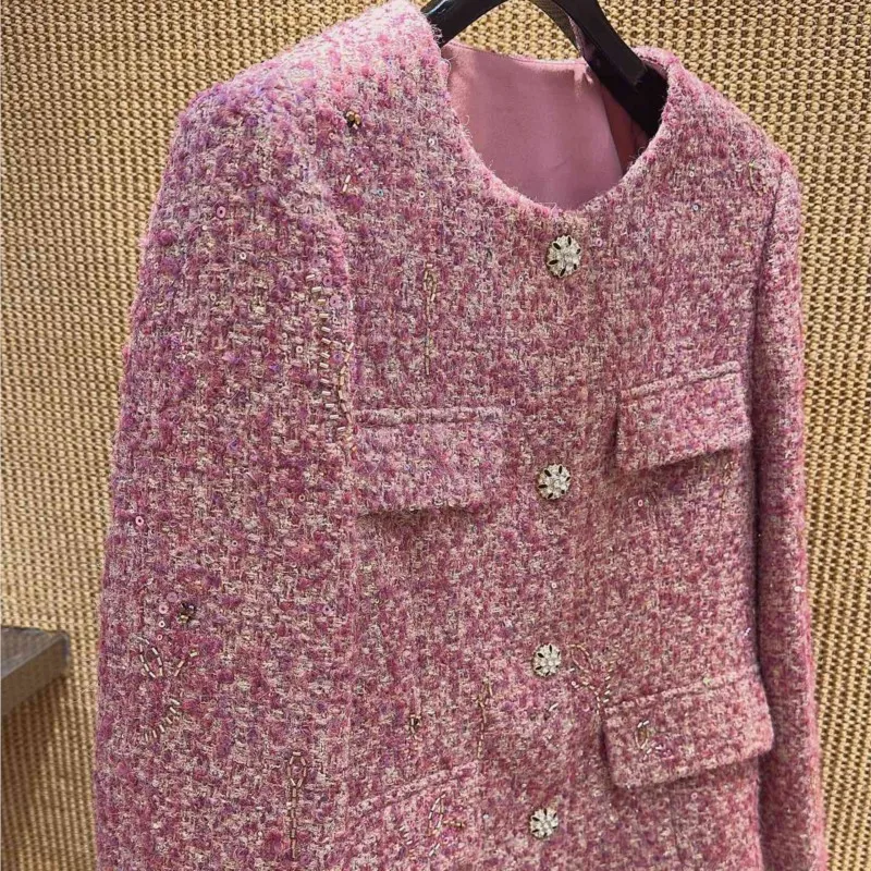 Women's Tweed Jacket Pink Bouclé Cardigan with Rhinestone Buttons Sequins Embroidery Vintage Elegant Short Coat for Party Office