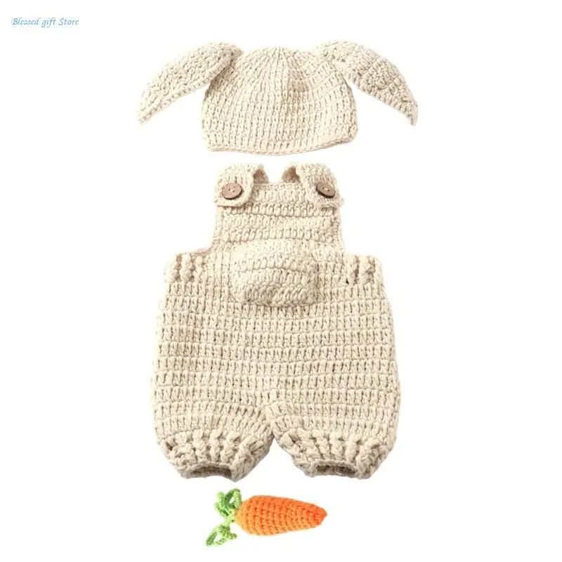 Essential Newborn Photography Set Crochet Romper with Hat & Lovely Hat & Radish Toy Baby Photo Props Gift