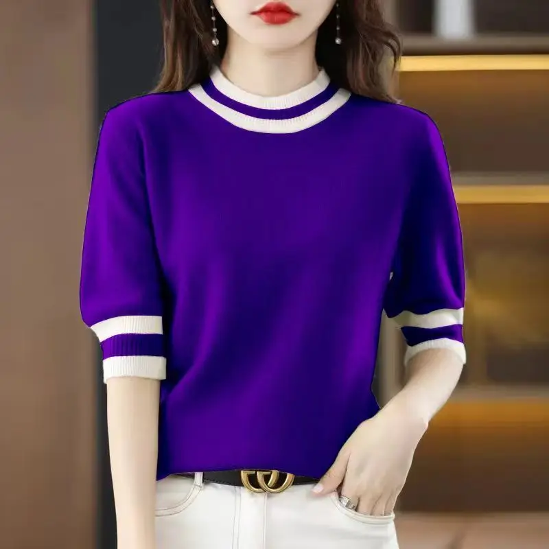 Korean Fashion Women Clothing Half Sleeve Sweaters Spring Summer New O-Neck Contrast Color Knitted Loose All-match Basic Tops