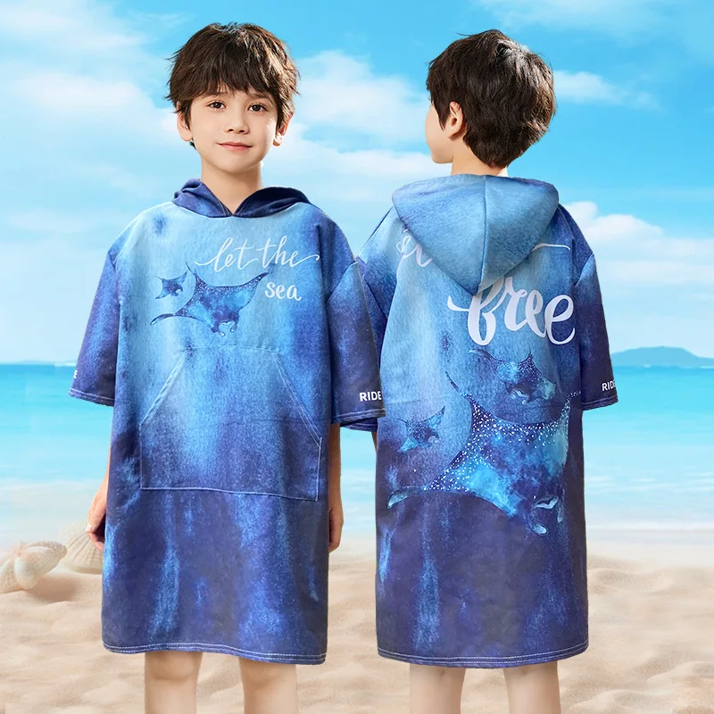 2024 Quick drying children's bathrobe with sleeves and pockets, bath towel for male and female students, swimming water