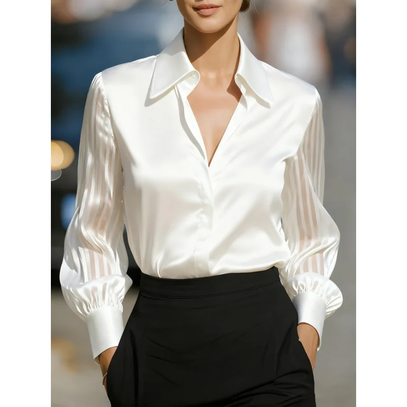 بلوزات خريف جديدة على الموضة لعام 2026 قميص شيفون مُزين بقطع القماش بلون سادة وأكمام طويلة قميص فضفاض مكتب سيدة للنساء ملابس