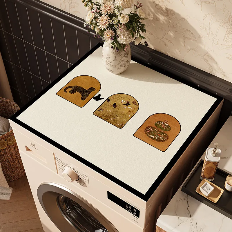 VIKAMA Line Black Cat Washing Machine Top Mat Plum Butterfly Letter Print Waterproof Anti Dust Laundry Dryer Surface Pad