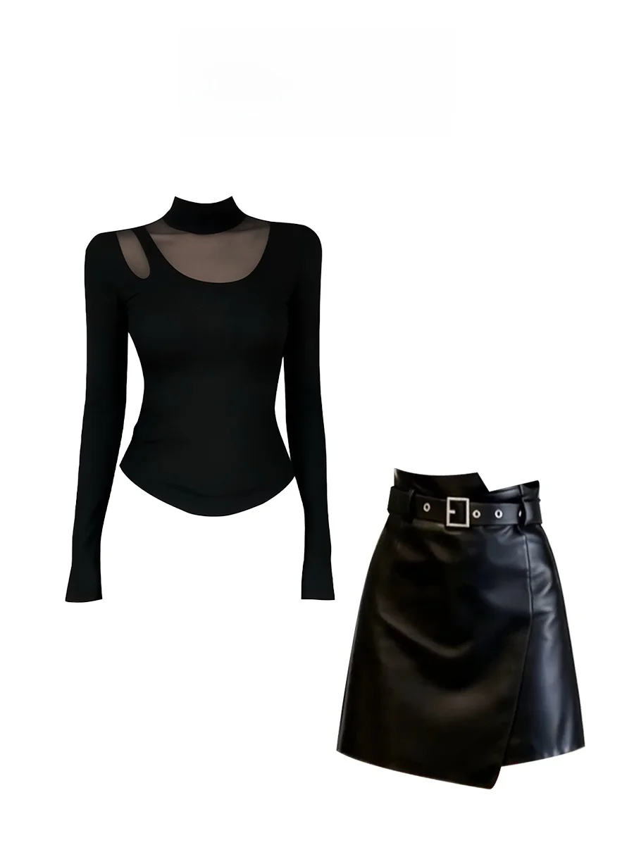 

Parkyeon Korean Style Half High Collar T-Shirt And Black Mesh Skirt Set Spring 2026 Fashion Casual Wear for Young Women