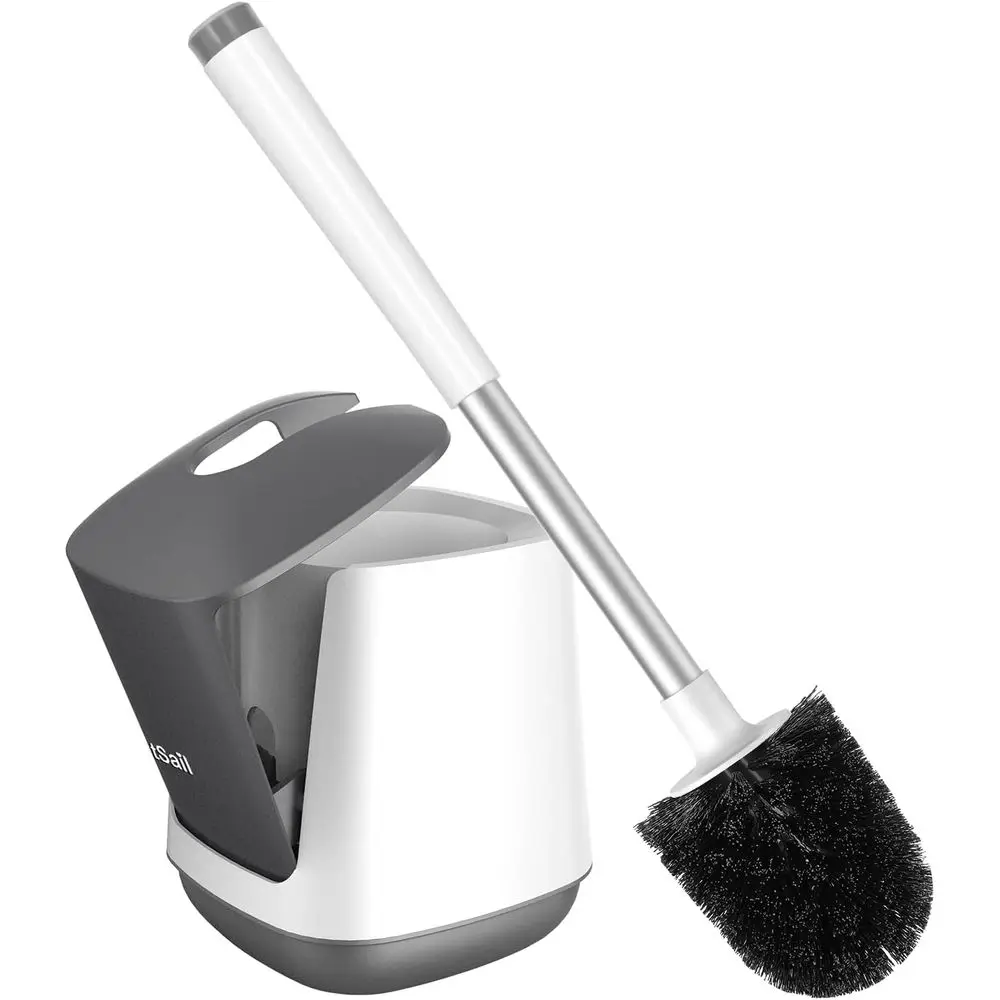 Closing Lid Toilet Bowl Brushes Holder and Extra Long Handle Ventilated Toilet Brush Set, Nylon Bristles, White & Grey