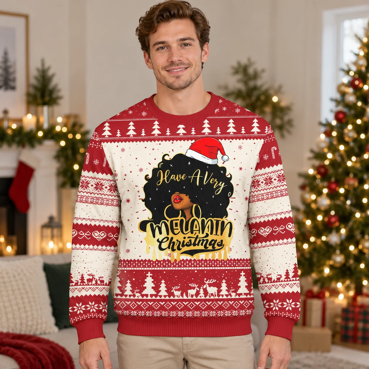 Melanin Holiday Art on an Ugly Christmas Sweater Christmas Crewneck Sweaters with Black Santa Themes for Festive Outfits