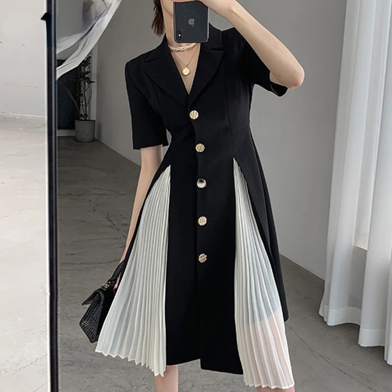 

Women Summer Notched Neck Pleated Patchwork Elegant Dresses Fashion Single Breasted Business Office Lady Slim Midi Dress P18