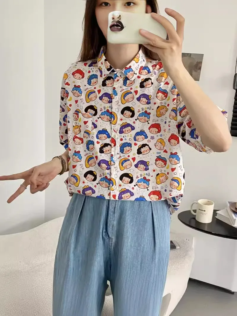 New Spring Cotton Shirts Women Short Sleeve Cute Cartoon Printed Tops Girl Sweet Casual Loose Blouses 2024 Summer T44372QM