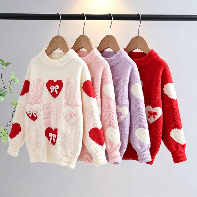Heart Pattern Imitation Faux Mink Fleece Kids Sweater Classic Cable Knit Warm Pullover Jumper with Bow-tie Girls Clothes JY07291