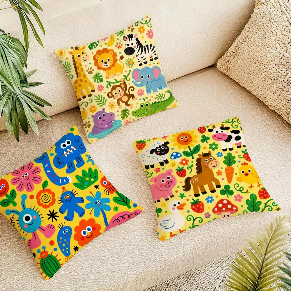 Colorful Cute Animals Cushion Cover Summer Coolness Linen Organic Fabric Sofa Pillow Case Double-Sided Printing Home Decor