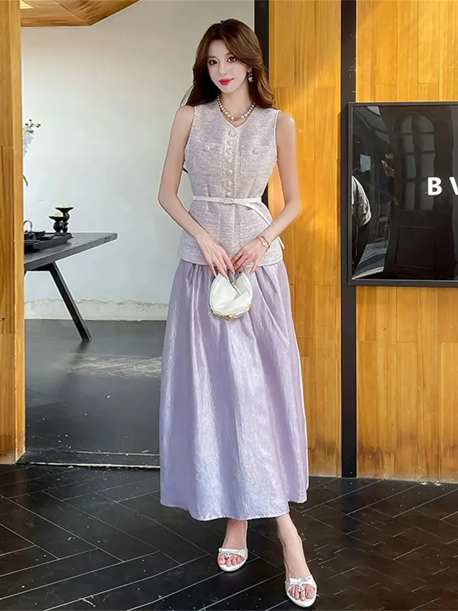 

New In Matching Sets Spring Summer Elegant Sleeveless Tweed Jacket Two Piece Sets for Women Outfits Vintage Solid Skirt Suits