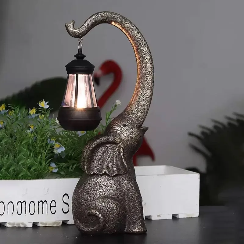 

Stone Finish Elephant Solar Lantern Resin Statue Outdoor Balcony Garden Waterproof Decor Lovely Yard Landscape Ornament