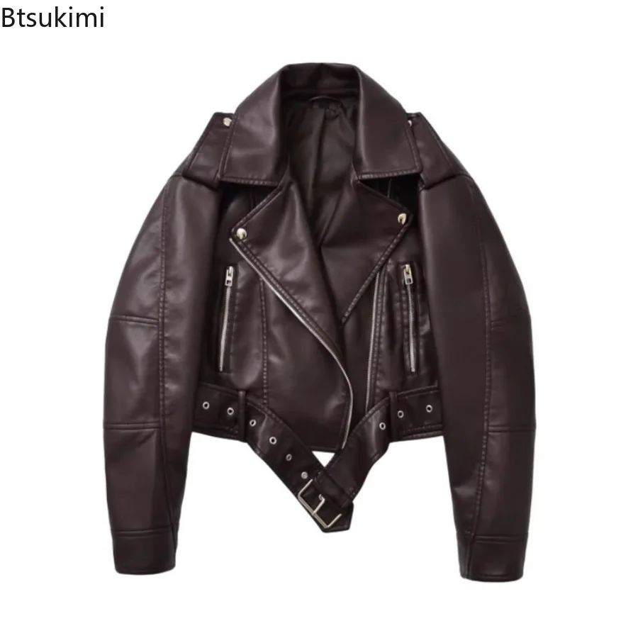 Women's Spring Autumn Faux Leather Short Biker Jacket with Belt Zipper Lapel Loose Motorcycle Streetwear Comfortable Outerwear