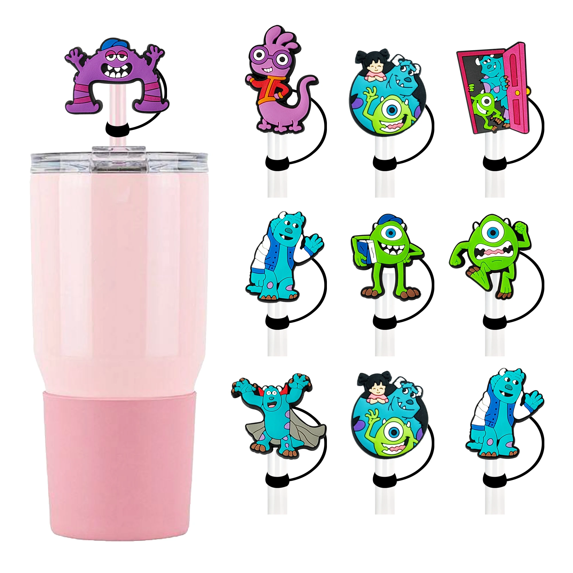 9-16Pcs Monsters University Straw Cover Cap for Reusable Drinking Dust Cap Glas Cup Straw Topper 10mm Silicone Straw Cover
