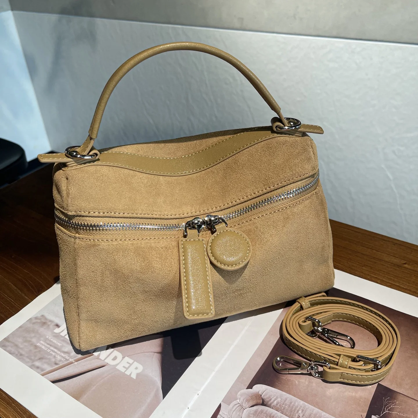 Women's Suede cowhide Lunch Box Handbag genuine Leather Dual Zipper Crossbody Shoulder Bag Retro Commuter Small Satchel Purse