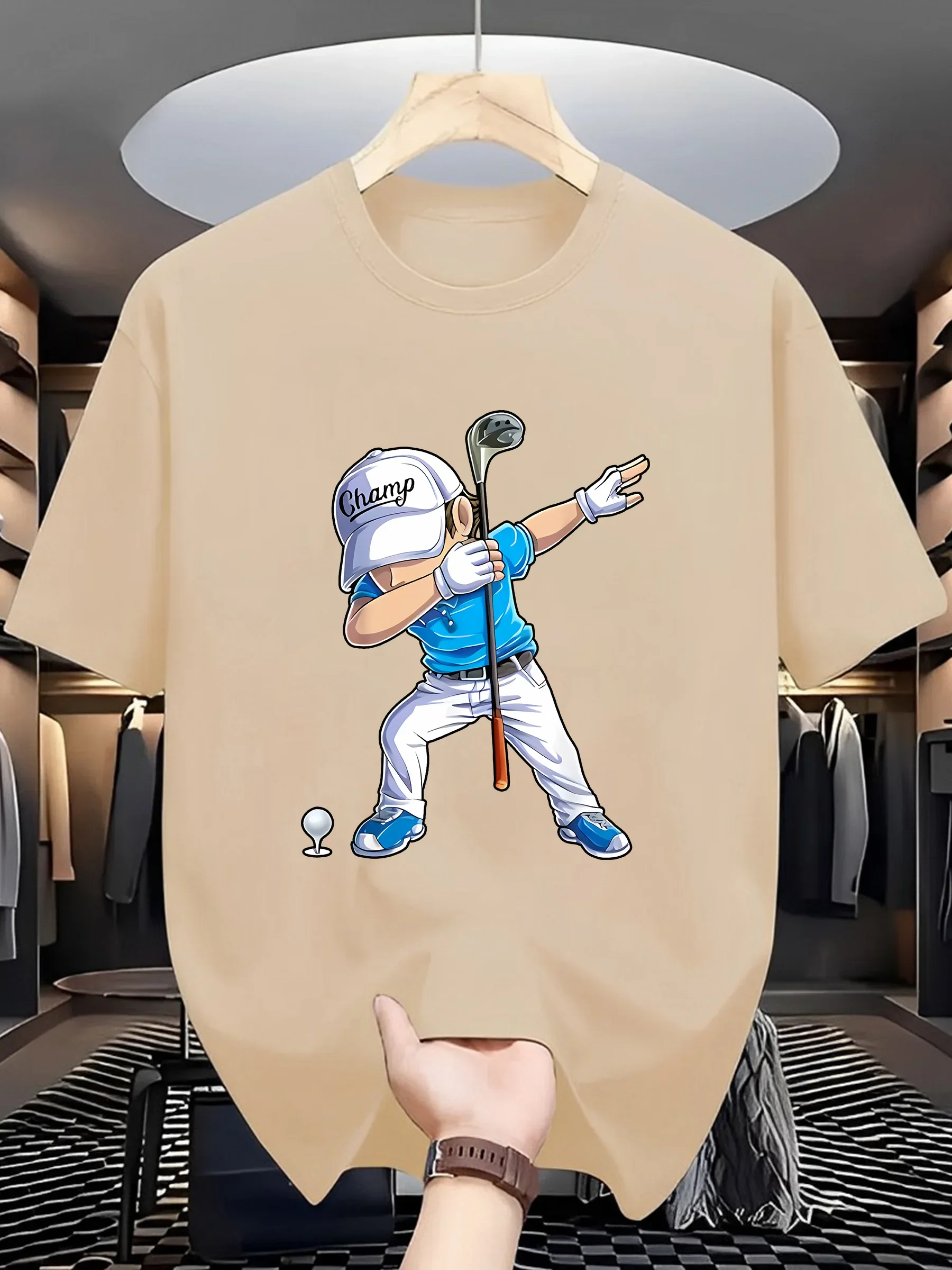 Herren Sommer 100% Baumwolle Mode Sport Freizeit Locker Geschnittenes Golfspieler-Muster Bedrucktes Rundhals-Kurzarm-T-Shirt – Detail 4