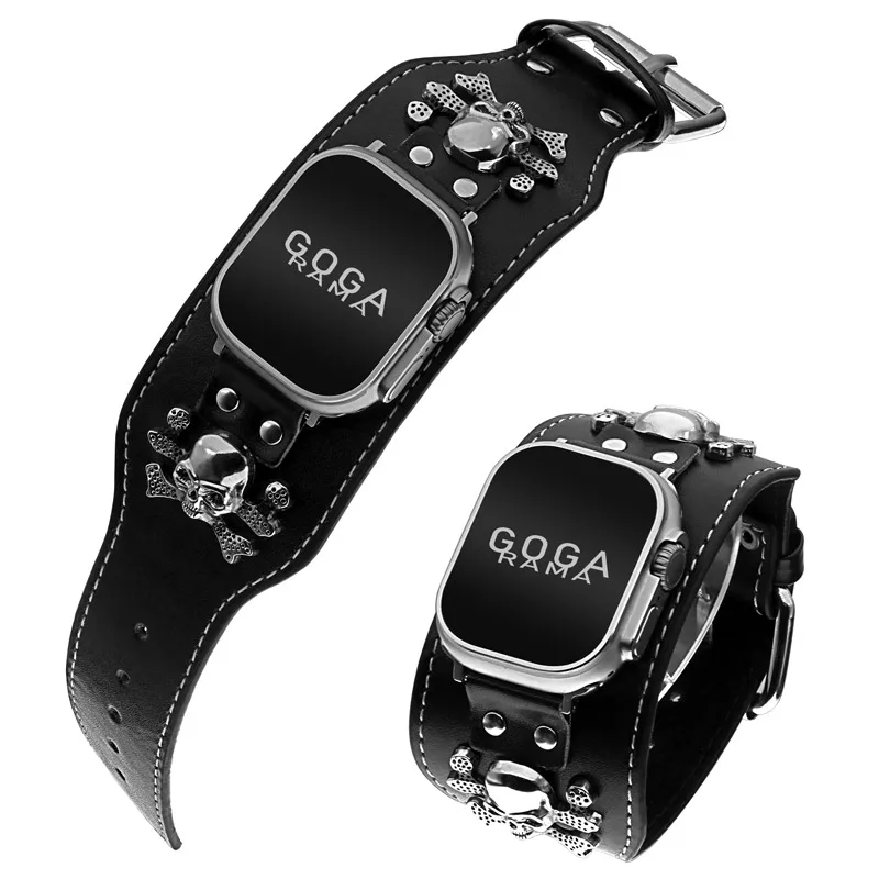 Leather Punk Chain Skull Cuff Bracelet Compatible Apple Watch Bands 49mm 45mm 44mm 42mm 41mm 40mm 38mm Steampunk IWatch Band