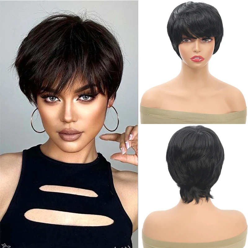 Short Pixie Cut Wig Synthetic Hair with Bangs Short Bob Wig Heat Resistant Wig Natural Looking for Daily Party Use for Women