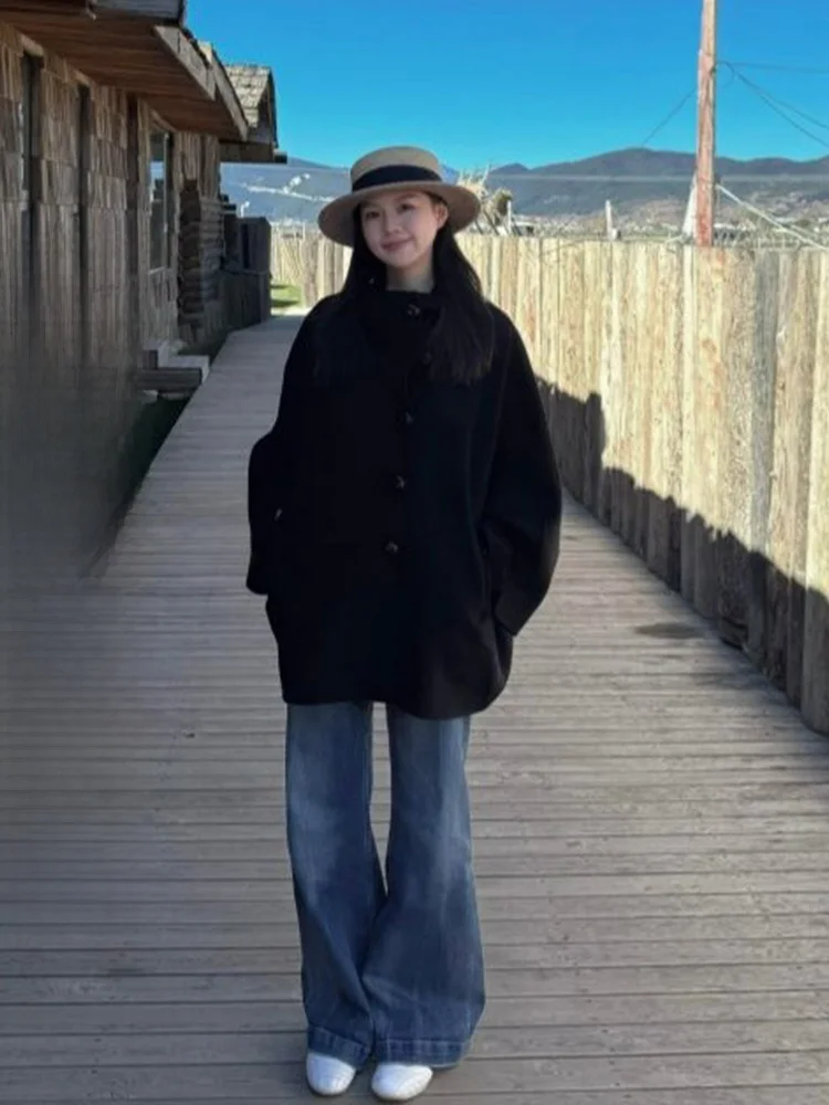 

Retro Design Fem Pilot Woolen Coat ort Cowl Ne Overcoat Commute Sle Faionable Women's Winter Clothing