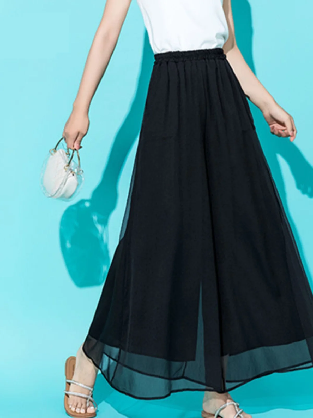 High Waist Thin Chiffon Drapey Wide Leg Pants Women's Pocketed Skirt Pants High Quality Ice Silk Double Layer Casual Pants
