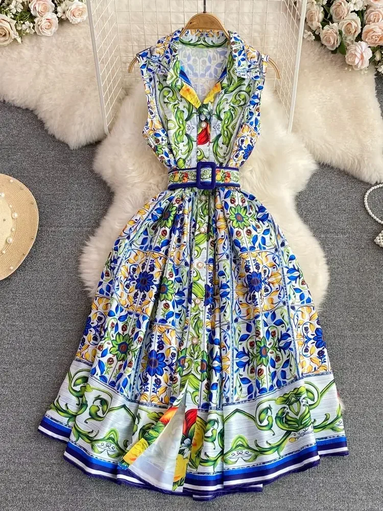 

New Vestido De Pasarela Sin Mangas Con Cuello Vuelto Para Mujer, Vestido De Una Sola Hilera De Botones, Cinturón Con Summer