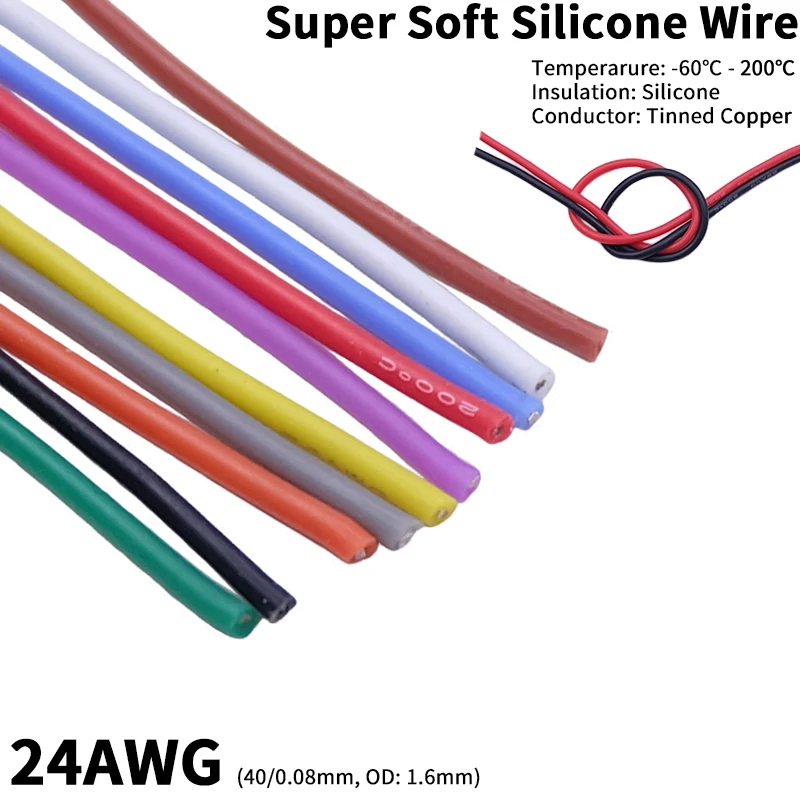 Copper Wire 24AWG Super Soft Silicone Rubber Insulation High Temperature Flexible Heat-Resistant DIY Lighting Electronic Cable