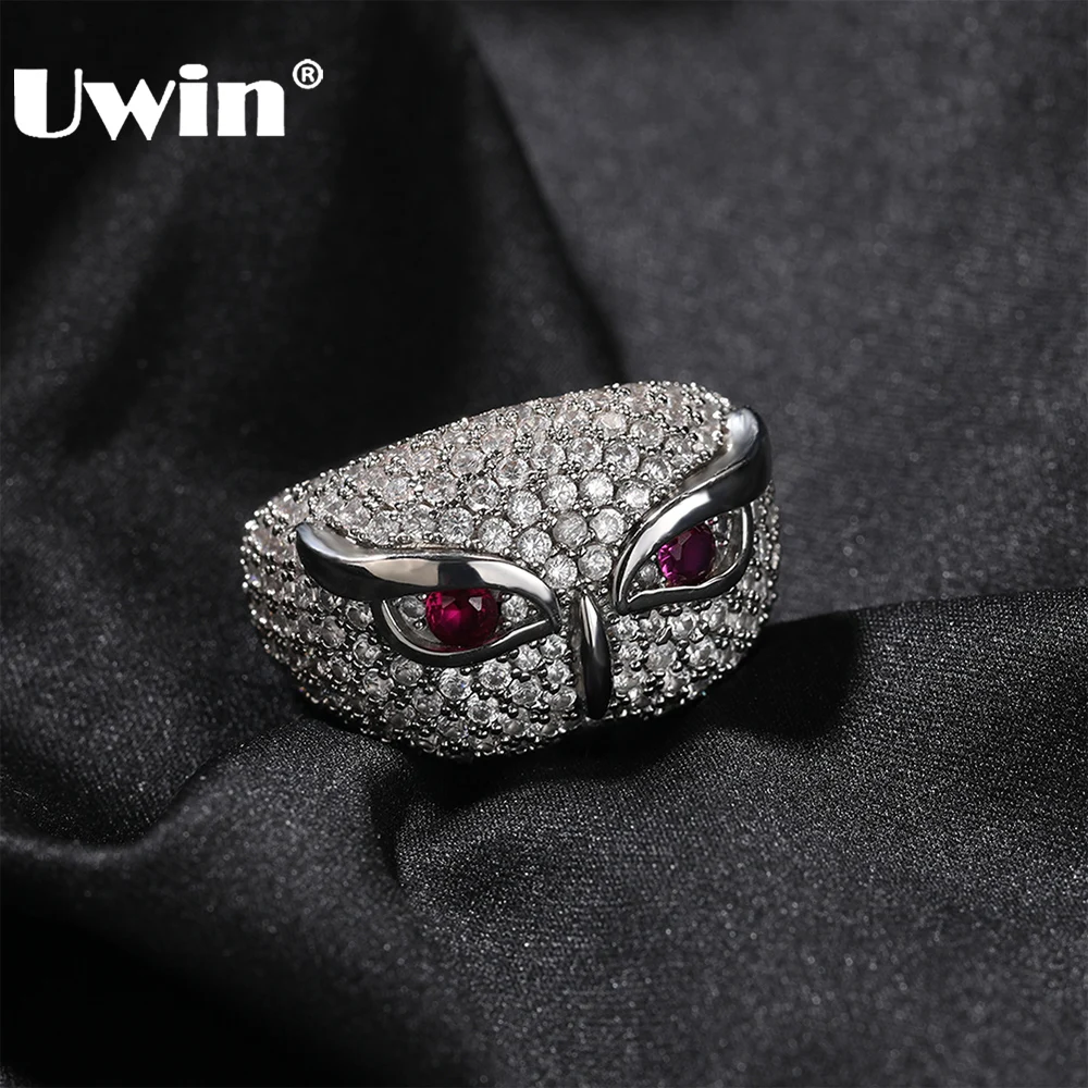 

UWIN Owl Rings for Women Men Iced Out Rose Red CZ Eyes Ring Iced Out ubic Zirconia Rings Fashion Jewelry