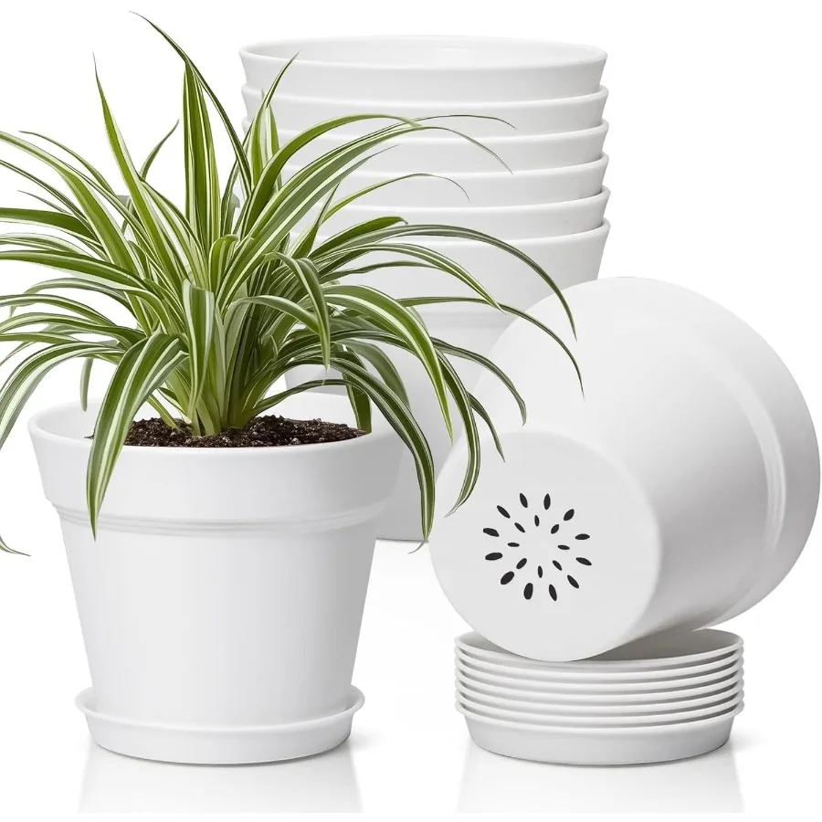 

6 Inch Plant Pot 8Pack Plastic Planter with Drainage Hole and Saucer Drative Nursery Pots Bulk for African Violet Snake Plant S