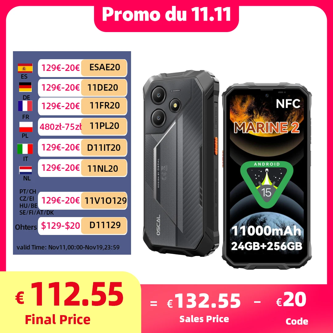 هاتف OSCAL Marine 2 AI خارجي، هاتف ذكي متين مقاس 6.56 بوصة يعمل بنظام Android 15، وذاكرة وصول عشوائي 8+16 جيجابايت، وذاكرة قراءة فقط 256 جيجابايت + 2 تيرابايت 11000 مللي أمبير في الساعة، Unisoc T615