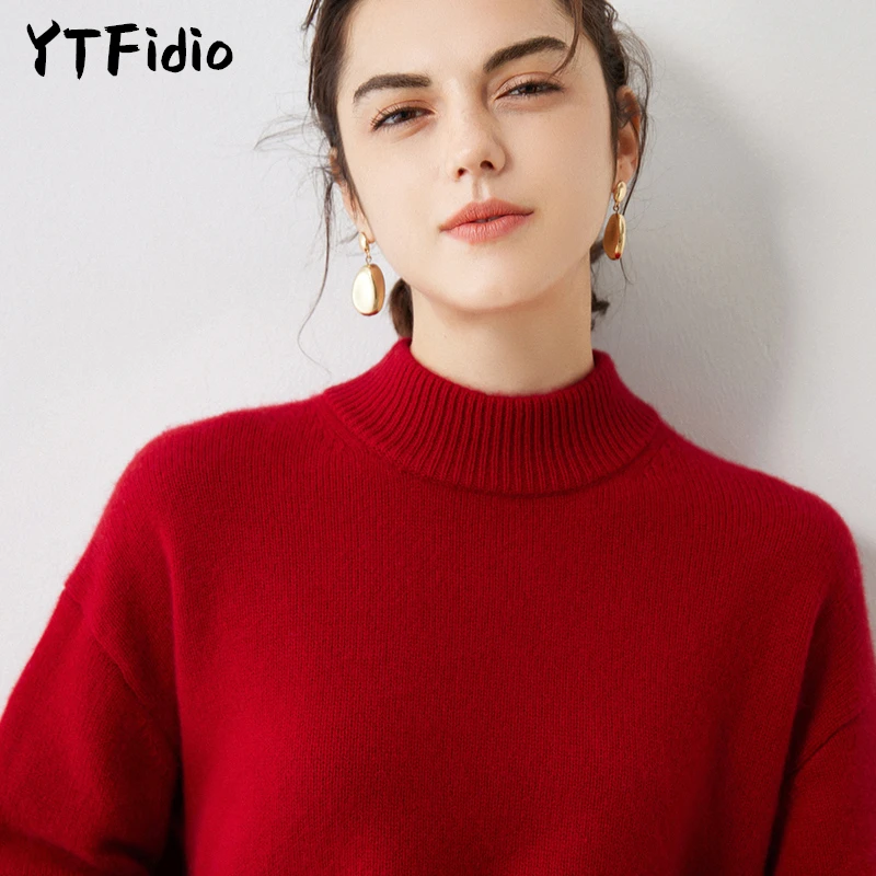 YTFidio 100% Cashmere Women Winter Half high collar Soft Warm Solid Knitwear Turtleneck Pullover Female Tops 13