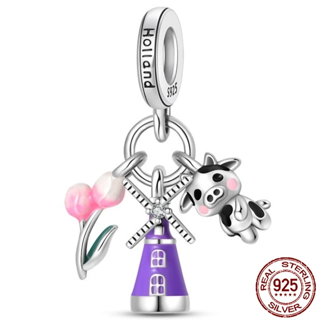 

925 Sterling Silver Dutch Windmill Tulip Dairy Cow Souvenirs Pendant Charm Fit Original Charm Bracelets Women DIY Jewelry Gift