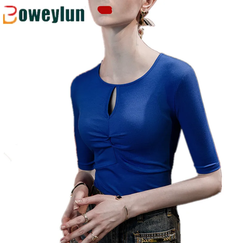 

Boweylun New Hollow Out Mid Sleeve T-Shirt Women Slim Pleated Five Points Sleeve Solid Crew Neck Tops