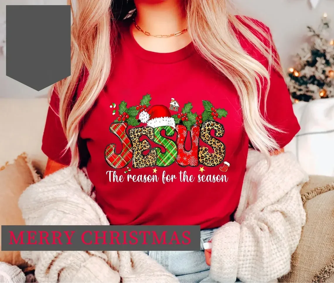Jezus is God Vrouw Kerst Rood T-shirt Nieuwjaar Kerstmis Geheugen van Jezus Christus Hoge kwaliteit katoen bedrukt T-shirt Party Tops