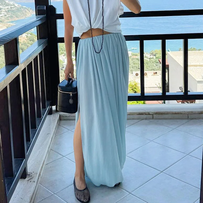 Elegant Sky Blue Chiffon Maxi Skirt Women Summer Beach Sexy High Slit Long Skirts Casual A-Line Party Holiday Robe Vestidos 2026