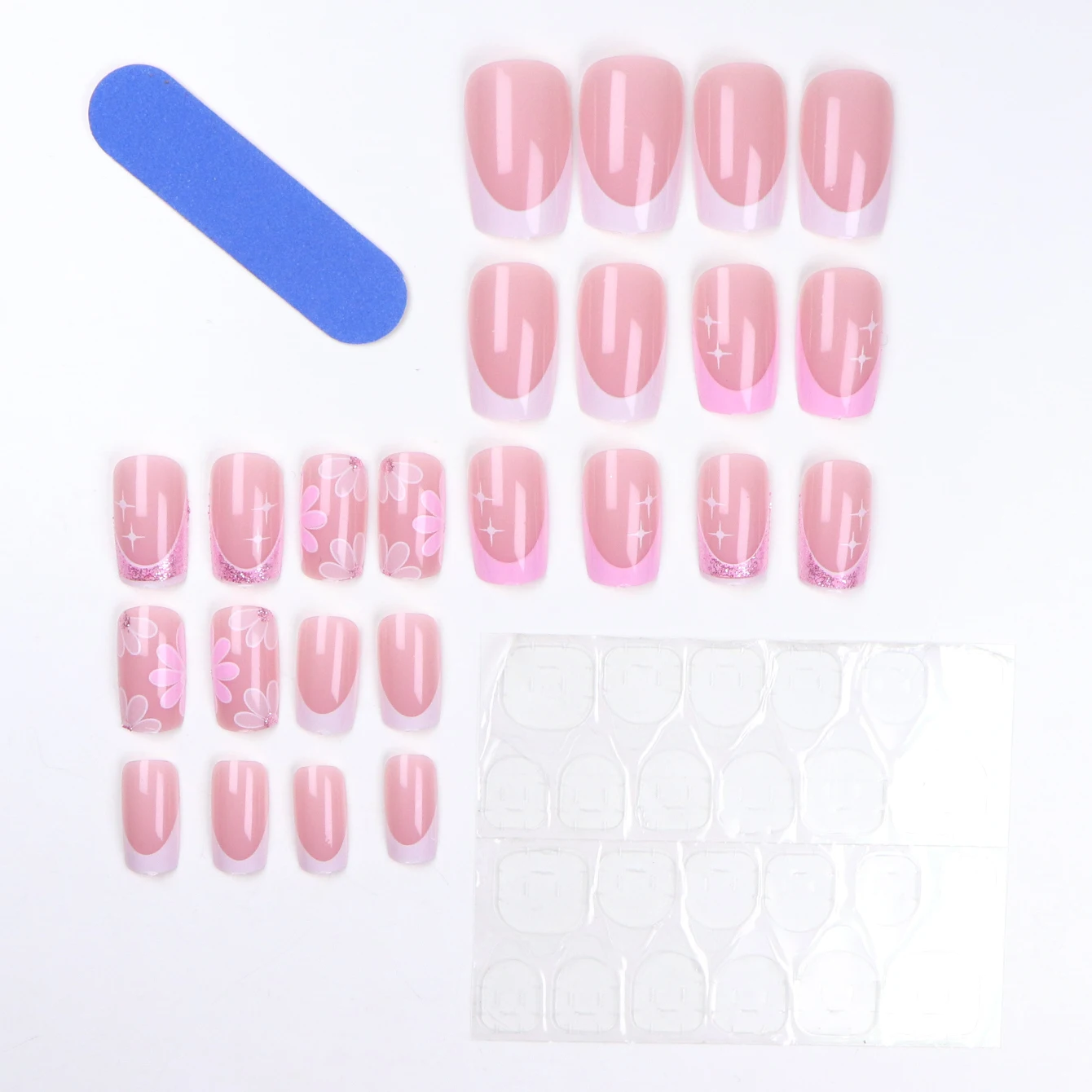 24 pezzi Migliora il tuo look con set di unghie finte progettate con fiori francesi rosa 1 lima per unghie e 1 kit di adesivi per colla per unghie