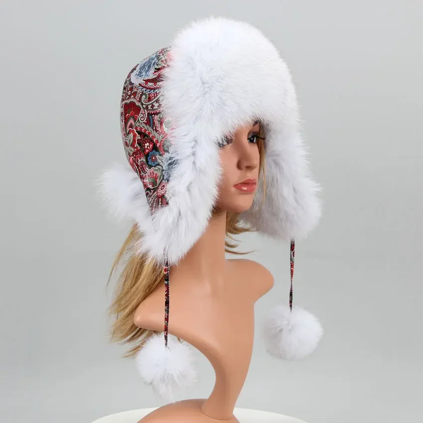 

Quality Silver Blue Fox Fur Snowboard Cap Winter Sheep Leather Hat with Ears PomPom Flower Print Women's Fur Hats for Winter